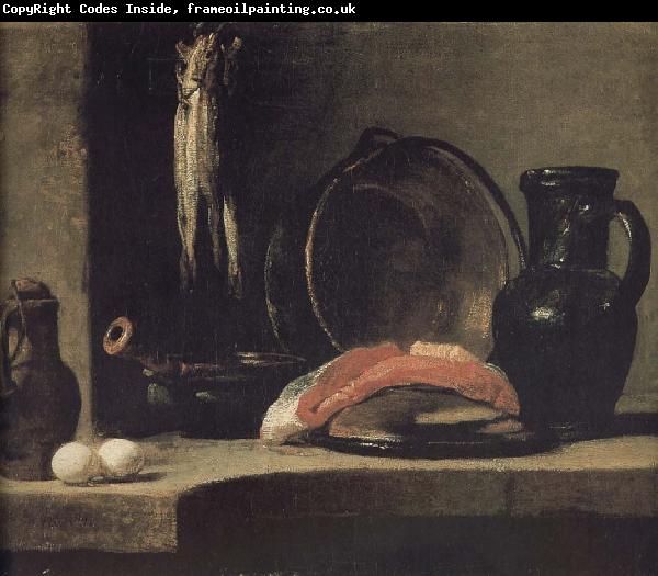 Jean Baptiste Simeon Chardin Watering can two egg earthenware cooking pot three yellow eye monkshood fish copper clepsydra fish fillet and jar